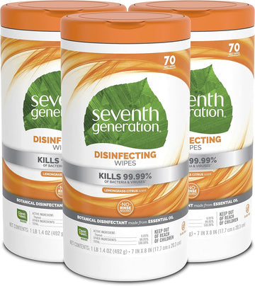 Seventh Generation Disinfecting Multi-Surface Wipes, Lemongrass Citrus, 70 Count, Pack Of 3 (Packaging May Vary)