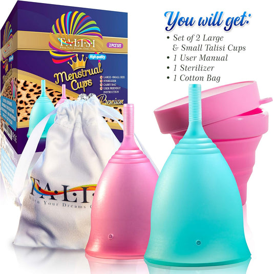 Talisi Menstrual Cups - Set of 2 Reusable Period Cups - Soft, Flexible, Small & Large Size - Feminine Cup for Women with Collapsible Sterilizer - Alternative Tampon and Pad - Regular, Heavy Flow