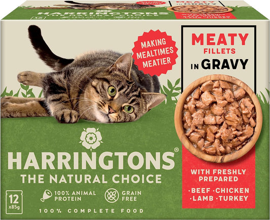 Harringtons Grain Free Meat Selection in Gravy Wet Cat Food 72x85g, Beef, Chicken, Lamb & Turkey?HARRCATMG-C85