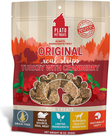 PLATO Turkey Real Strips Natural Dog Treats - Real Meat - Air Dried - Made in the USA - Turkey & Cranberry, 18 ounces