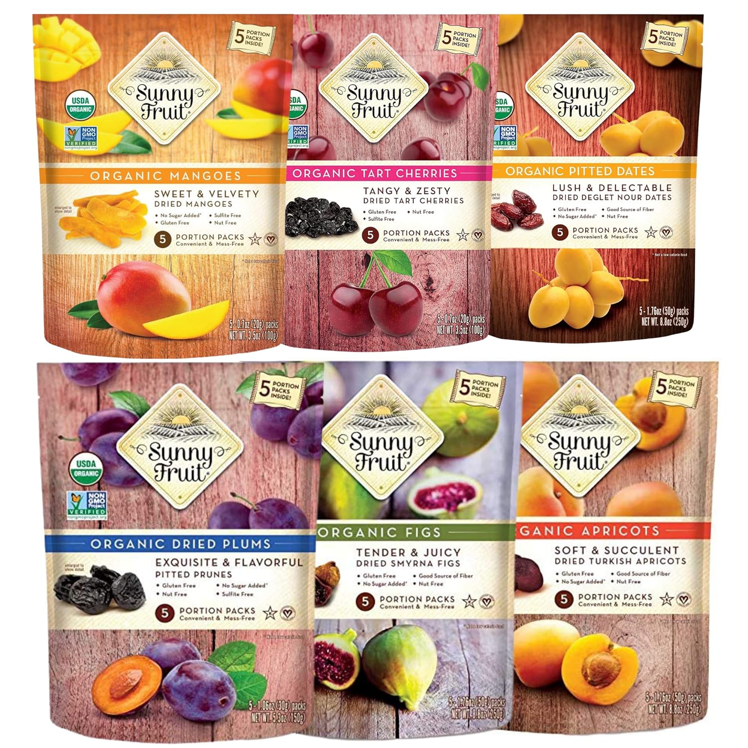 Sunny Fruit Organic Dried Fruit Assortment - Figs, Apricots, Dates, Mango, Cherries & Prunes Variety, 6 Bags (30 Individual Portion Packs) | Non-Gmo, Halal, Kosher, No Preservatives, No Sugar Added