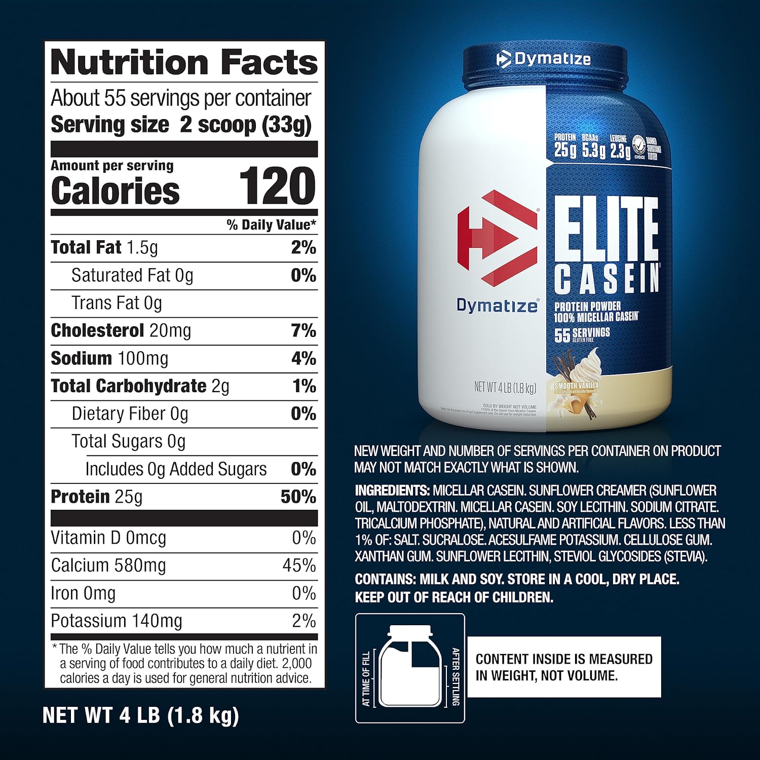 Dymatize Elite Casein Protein Powder, Slow Absorbing with Muscle Building Amino Acids, 100% Micellar Casein, 25g Protein, 5.4g BCAAs & 2.3g Leucine, Helps Overnight Recovery, Smooth Vanilla, 4 Pound : Health & Household