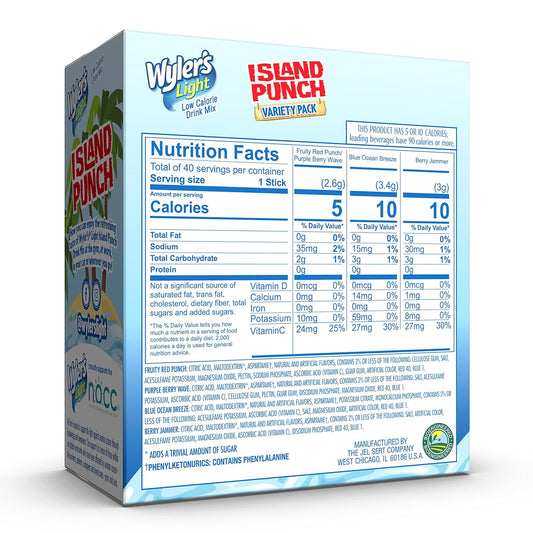 Wyler'S Light Island Punch Singles To Go, Variety Pack, Fruity Red Punch, Purple Berry Wave, Berry Jammer And Blue Ocean Breeze, 1 Box (40 Single Servings)