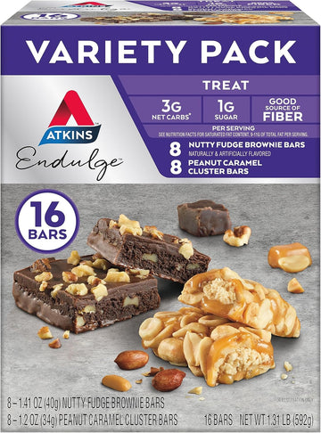 Atkins Endulge Treat Variety Pack, Nutty Fudge Brownie Bar & Peanut Caramel Cluster, Keto Friendly, 16 Bars (8 Each Flavor)