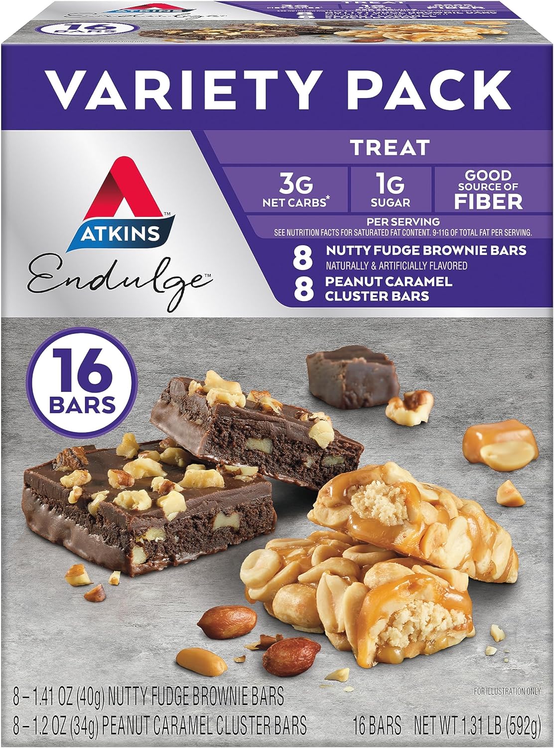 Atkins Endulge Treat Variety Pack, Nutty Fudge Brownie Bar & Peanut Caramel Cluster, Keto Friendly, 16 Bars (8 Each Flavor)