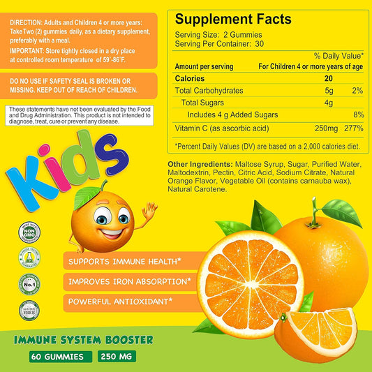 Alfa Vitamins Vitamin C Gummies for Kids with 250mg, Immune System Support, Daily antioxidant for Kids, Natural Orange Flavor - 60 Gummies