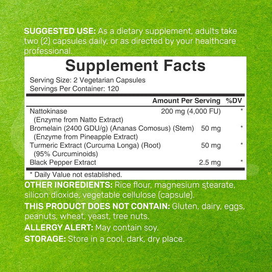 Nattokinase 4,000 Fu Per Serving, 240 Veggie Capsules – Bromelain, Turmeric Curcumin, With Black Pepper Complex – Heart Health & Digestive Enzymes Supplement – Non-Gmo, Vegan