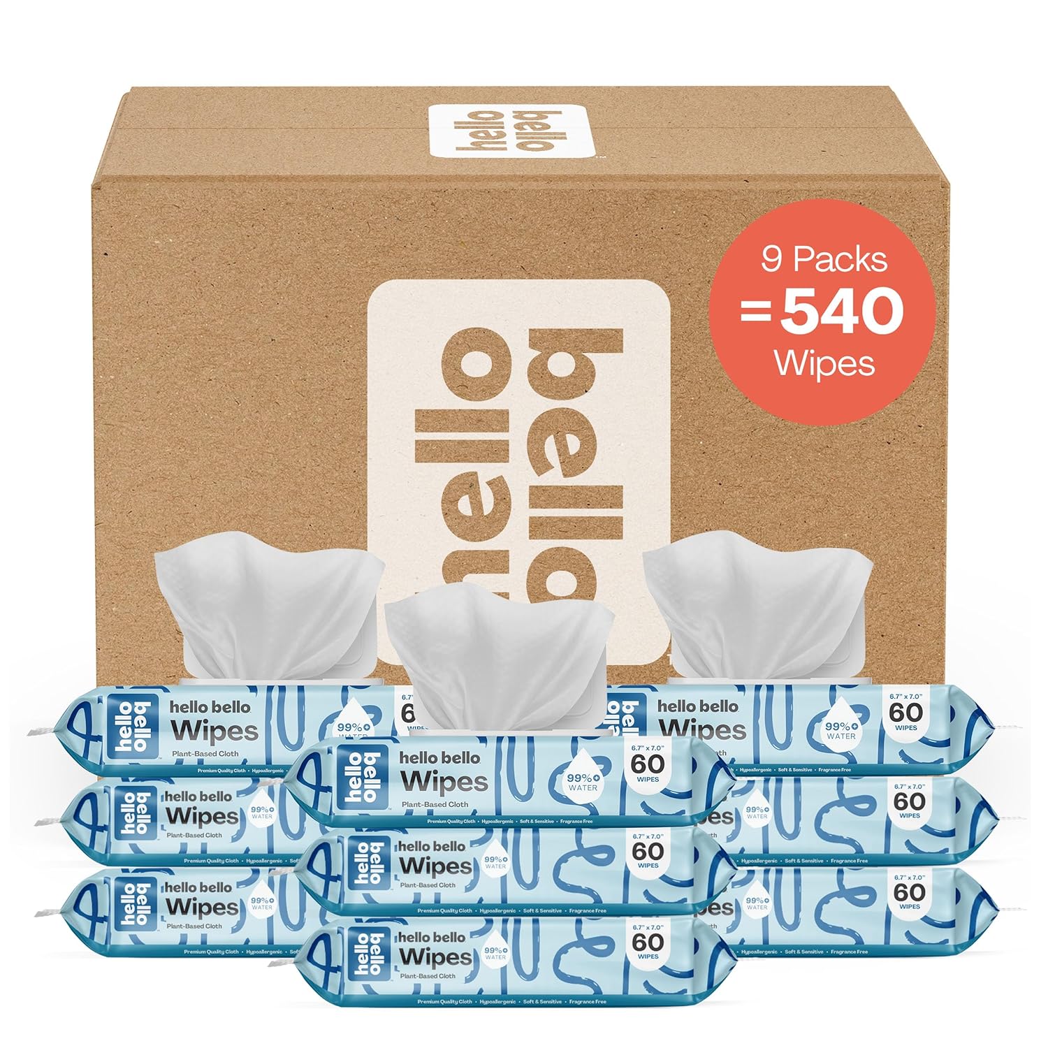 Hello Bello Extra Gentle Unscented Baby Wipes - Plant Based - Made With 99% Water And Aloe For Babies And Kids - 60 Count (Pack Of 9) Total 540 Count