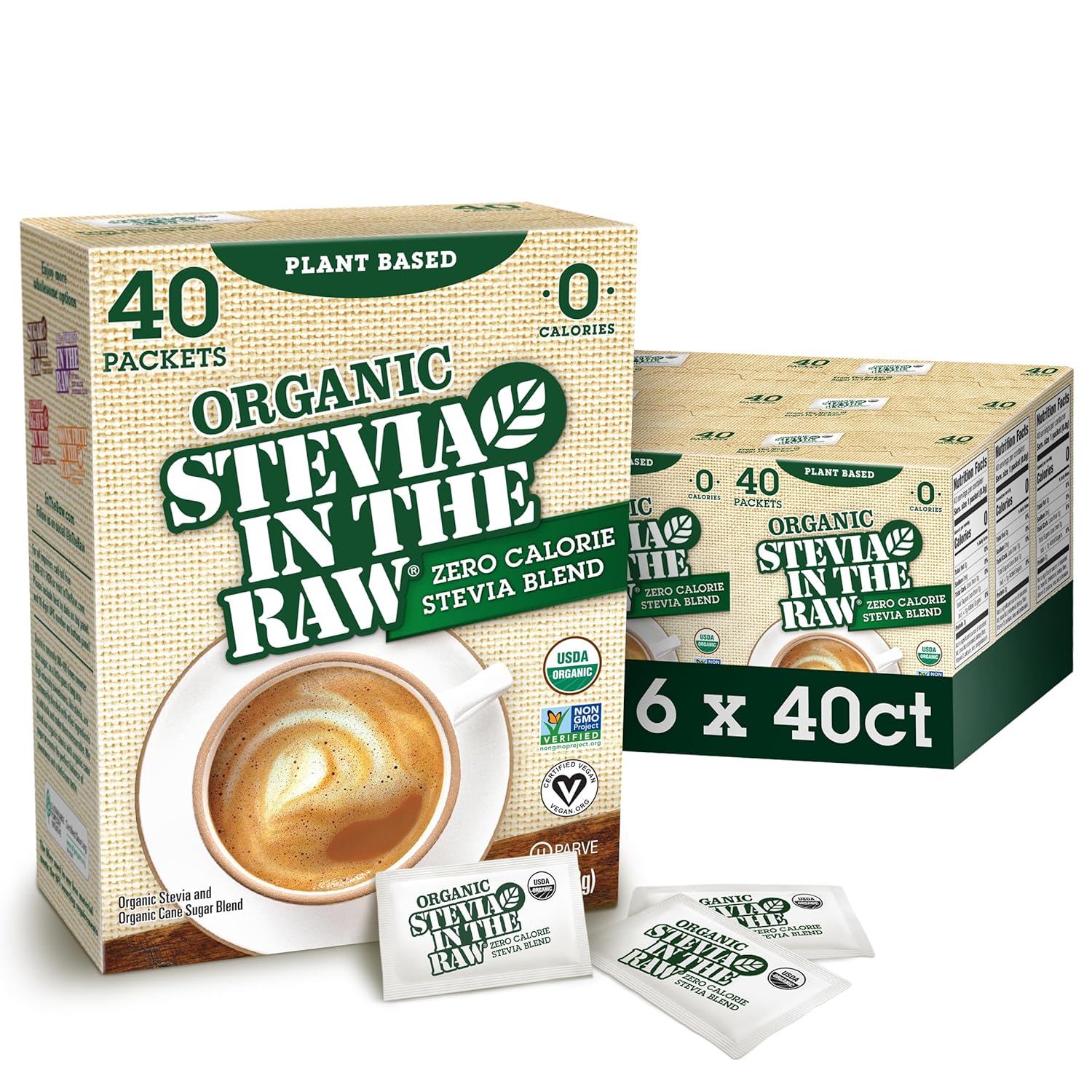 Organic Stevia In The Raw, Plant Based Zero Calorie Natural Sweetener, No Erythritol, Sugar Substitute, Sweetener For Coffee, Hot & Cold Drinks, Non-Gmo, Vegan, Gluten-Free, 40 Count Packets (6 Pack)