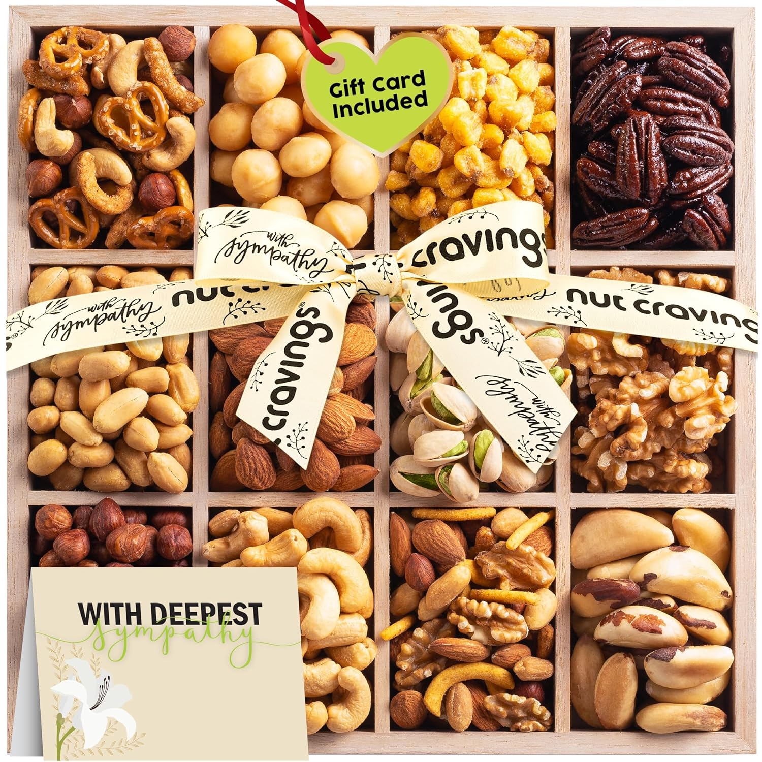 Nut Cravings Gourmet Collection - Sympathy Nuts Gift Basket with Sympathy Ribbon + Greeting Card in Reusable Wooden Tray (12 Assortments) Food Platter Condolence Care Package