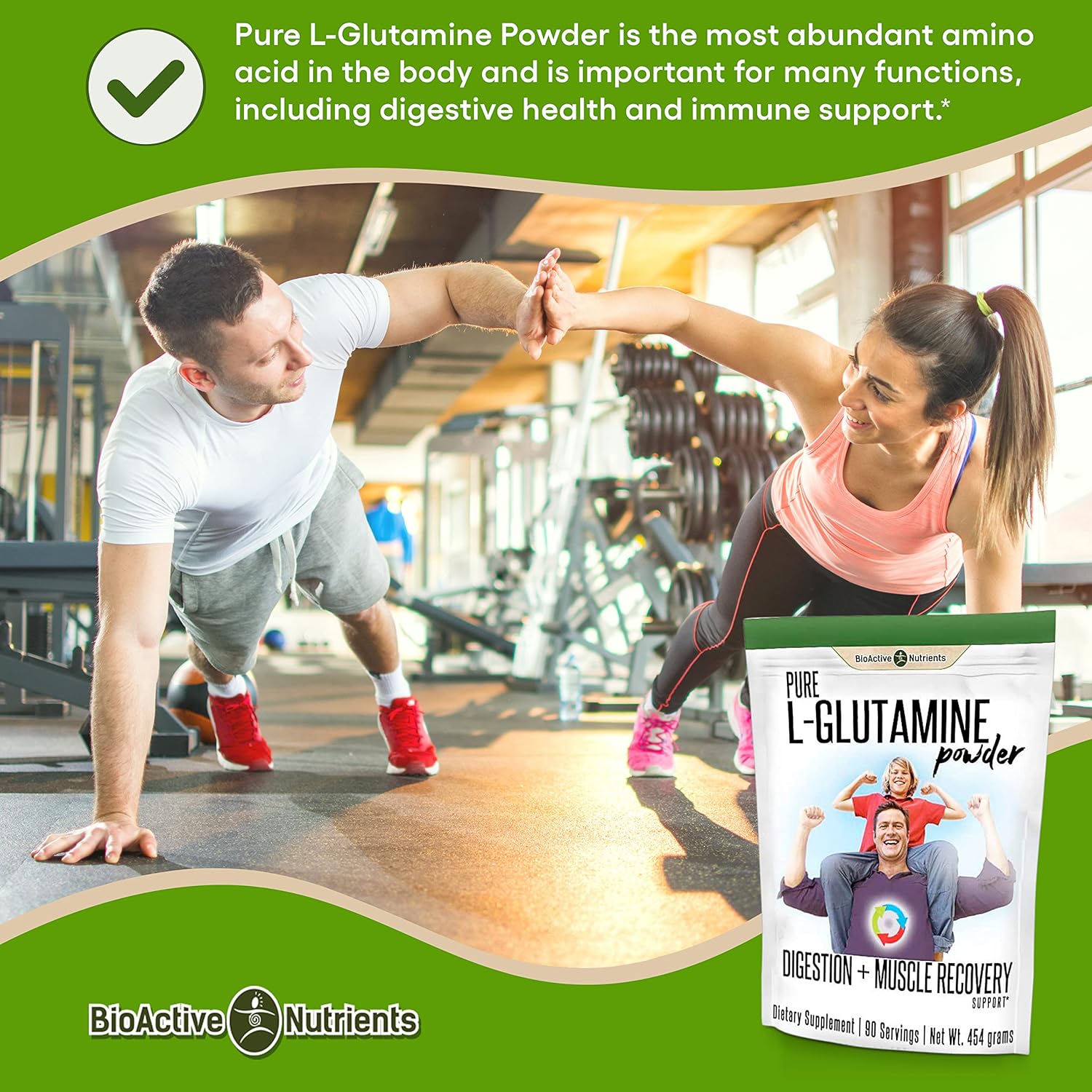 BIOACTIVE NUTRIENTS Pure L-Glutamine Powder Supplement - Optimum Gut Health and Muscle Recovery Support - Nutrition Supplements Powder - Gluten-Free - 454 g / 90 Servings : Health & Household