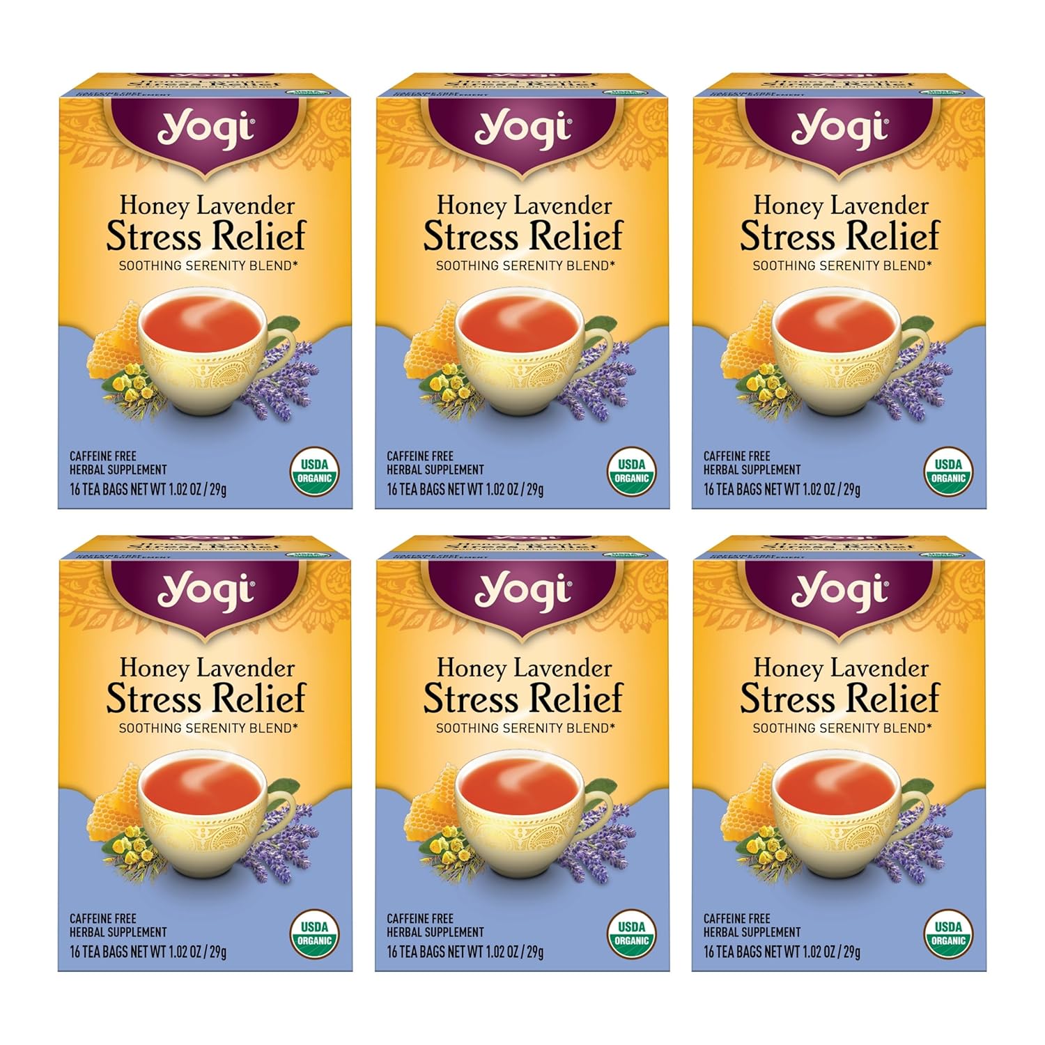 Yogi Tea Honey Lavender Stress Relief Tea - 16 Tea Bags Per Pack (6 Packs) - Organic Chamomile Lavender Tea - Includes Lemon Balm, Lemongrass, Spearmint Leaf, Peppermint Leaf, Honey Flavor & More