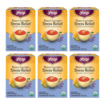 Yogi Tea Honey Lavender Stress Relief Tea - 16 Tea Bags Per Pack (6 Packs) - Organic Chamomile Lavender Tea - Includes Lemon Balm, Lemongrass, Spearmint Leaf, Peppermint Leaf, Honey Flavor & More