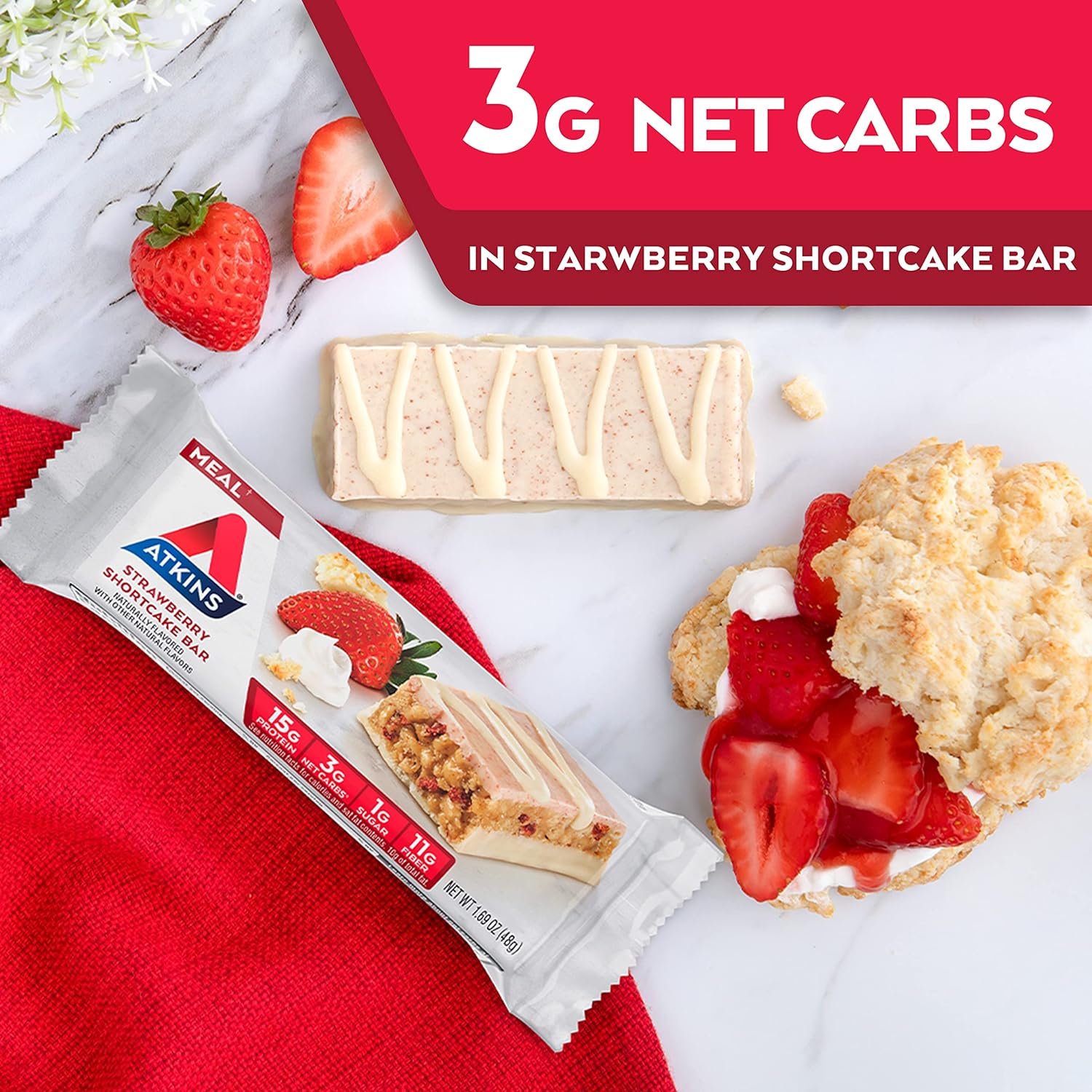 Atkins Strawberry Shortcake Protein Meal Bar, High Fiber, 1g Sugar, 3g Net Carb Meal Replacement, Keto Friendly, 30 Count : Everything Else