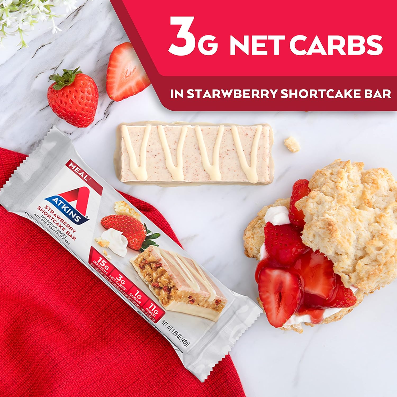 Atkins Strawberry Shortcake Protein Meal Bar, High Fiber, 1g Sugar, 3g Net Carb Meal Replacement, Keto Friendly, 30 Count : Health & Household