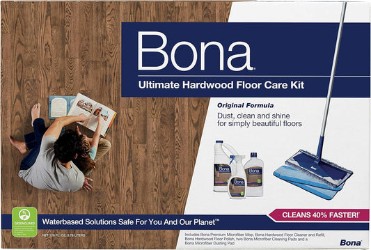 Bona Ultimate Hardwood Floor Care Kit - Includes Microfiber Mop, Hardwood Floor Cleaning Solution and Refill, Hardwood Floor Polish, Microfiber Cleaning Pads, and Microfiber Dusting Pad
