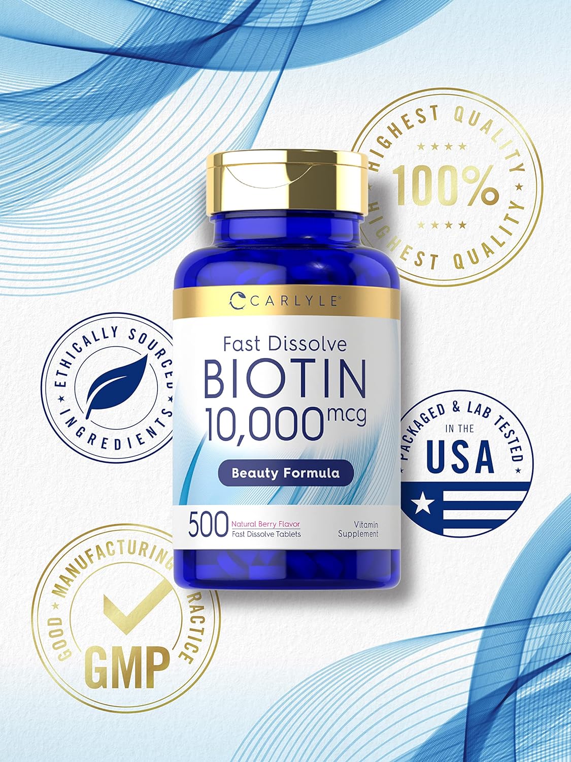 Carlyle Biotin 10000mcg | 500 Fast Dissolve Tablets | Max Strength | Vegetarian, Non-GMO, Gluten Free Supplement : Health & Household
