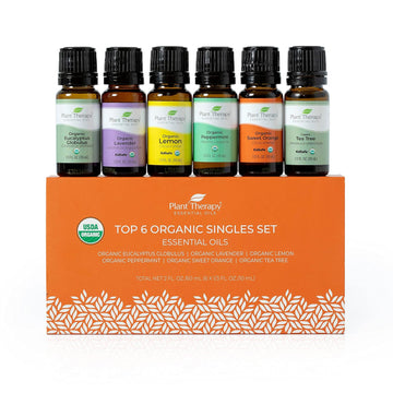 Plant Therapy Top 6 Usda Organic Essential Oil Set - Lavender, Peppermint, Eucalyptus, Lemon, Tea Tree 100% Pure, Natural Aromatherapy, For Diffusion & Topical Use, Therapeutic Grade 10 Ml (1/3 Oz)