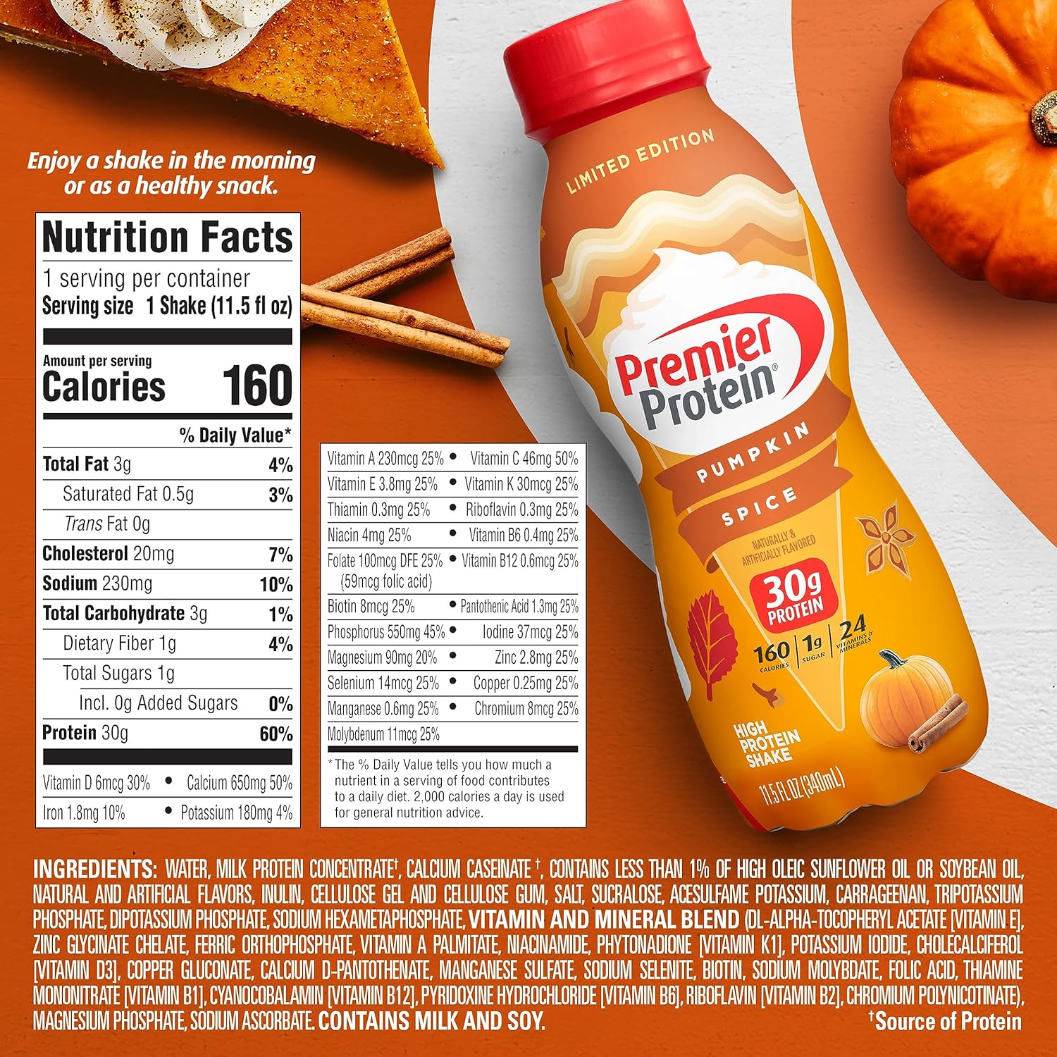 Premier Protein Shake Limited Edition 30g 1g Sugar 24 Vitamins Minerals Nutrients, Pumpkin Spice, 11.5 Fl Oz (Pack of 12) Artwork Case - Packaging May Vary : Grocery & Gourmet Food