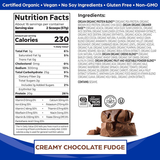 Orgain Organic Meal, Vegan Meal Replacement Protein Powder, Creamy Chocolate Fudge - 20G Plant Based Protein, 7G Prebiotic Fiber, Fruits, Vegetables & Greens, Gluten Free, Shakes & Smoothies, 2.01Lb