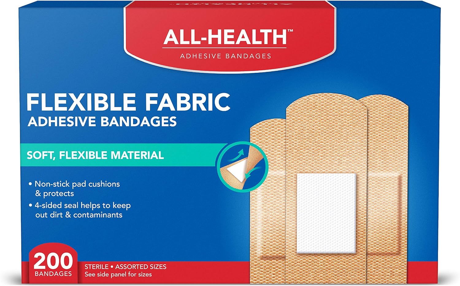 All Health Adhesive Fabric Bandages, 200 Count Assorted Sizes | Soft, Flexible Material | Protection For First Aid And Wound Care