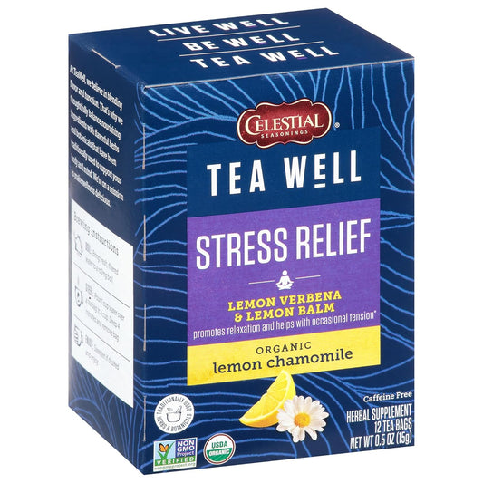 Celestial Seasonings Teawell Herbal Tea, Stress Relief, Lemon Verbena And Lemon Balm, Organic Lemon Chamomile, Caffeine Free Wellness Tea, 12 Tea Bags