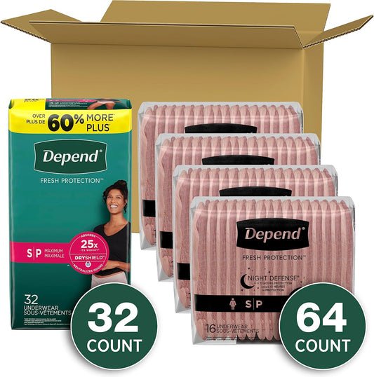 Adult Incontinence Underwear Bundle: Depend Fresh Protection Underwear For Women, Maximum, S, Blush, 32 Count And Depend Night Defense Underwear For Women, Overnight, S, Blush, 64 Count