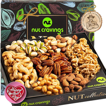 Nut Cravings Gourmet Collection - Mothers Day Nut Collection Gift Basket in Elegant Box (7 Assortments) Arrangement Platter, Birthday Care Package - Healthy Kosher USA Made