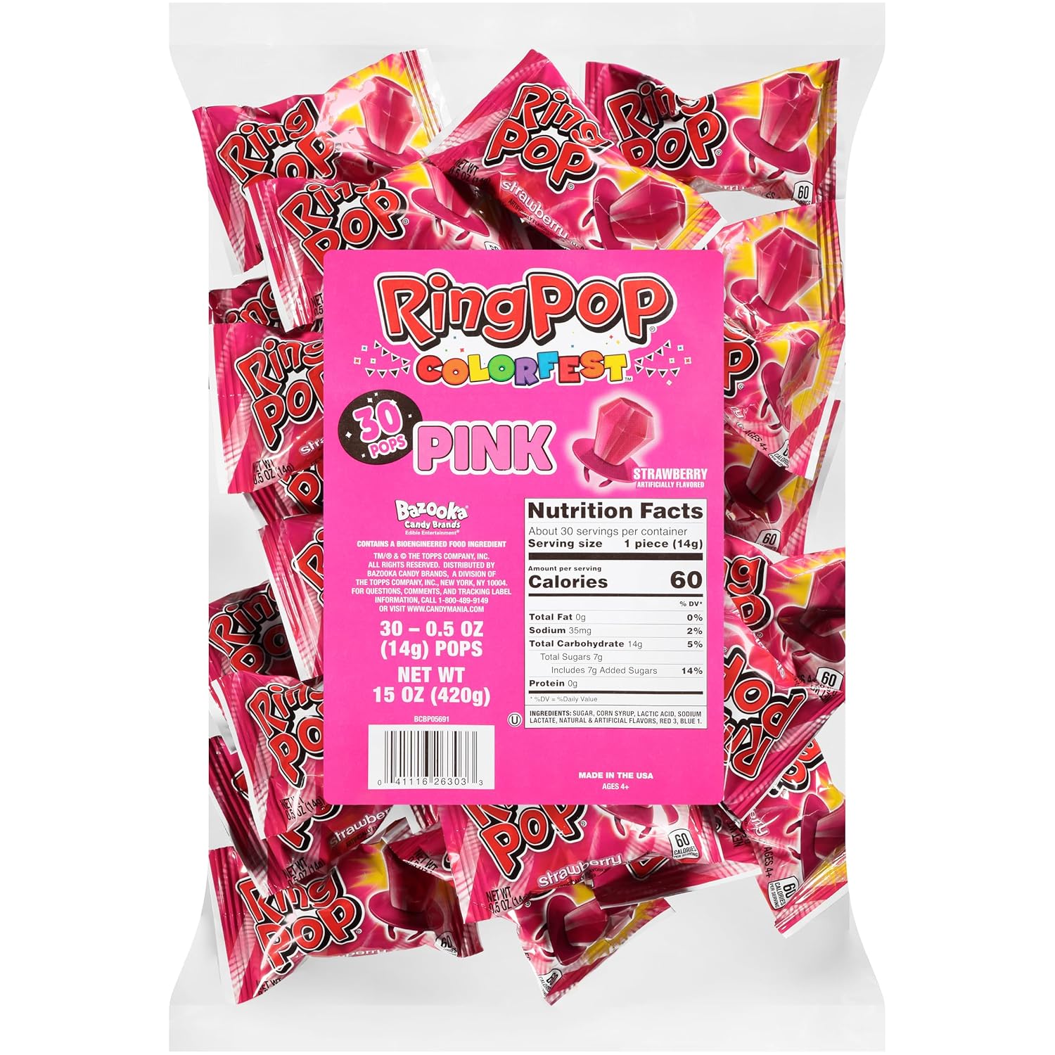 Ring Pop Individually Wrapped Pink Strawberry 30 Count Bulk Lollipop Pack – Strawberry Flavored Lollipop Suckers For Kids - Fun Candy Bulk For Gender Reveal Parties, Bachelorettes, & Party Favors