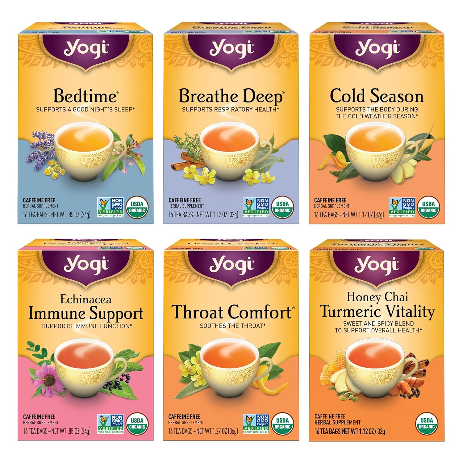 Yogi Tea Get Well Variety Pack - 6 Packs Of 16 Tea Bags For Cold Season Support - Includes Bedtime, Breathe Deep, Echinacea Immune Support Teas And More