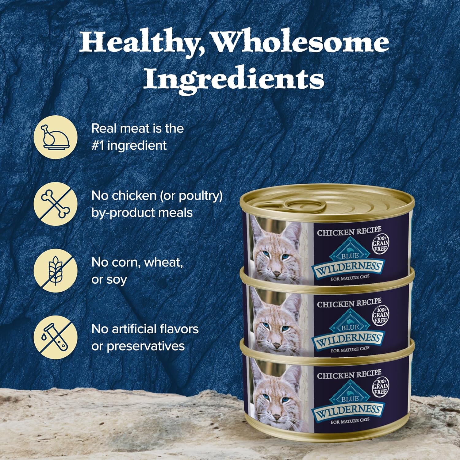 Blue Buffalo Wilderness High-Protein & Grain-Free Wet Cat Food Paté for Adult Cats 7+, Made with Natural Ingredients, Chicken Recipe, 3-oz. Cans (24 Count)