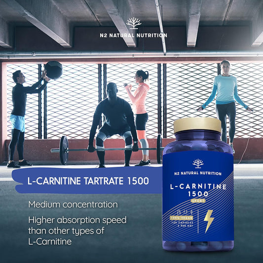 L-Carnitine 1500 Capsules High Strength. Enhanced Performance. 120 Plant-Based Capsules Definition Phase. Vegan Certified. Eu N2 Natural Nutrition