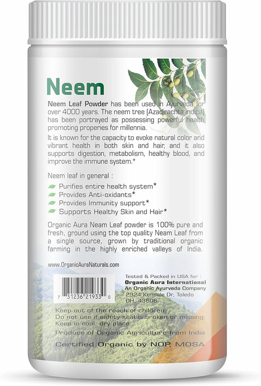 Organic Aura Neem Leaf Powder (Azadirachta Indica). 100% Pure Neem, Raw and Green. USDA Certified Organic Neem for Immune Support, Skin, and Hair. Naturall Source of Antioxidants and Detox
