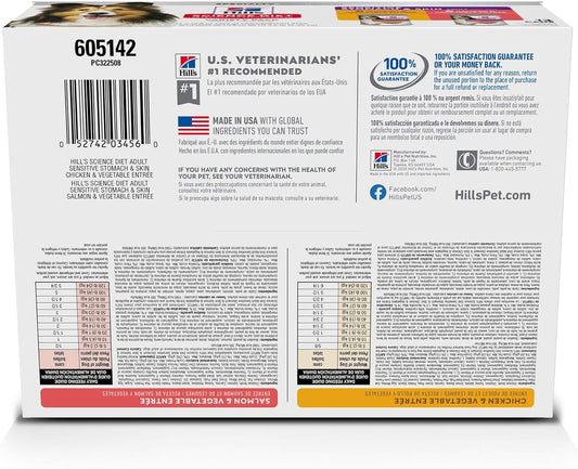 Hill'S Science Diet Sensitive Stomach & Skin,Adult 1-6, Stomach & Skin Sensitivity Support,Wet Dog Food,Variety Pack:Chicken & Vegetables; Salmon & Vegetables Loaf,12.8 Oz Can Variety Pack, Case Of 12