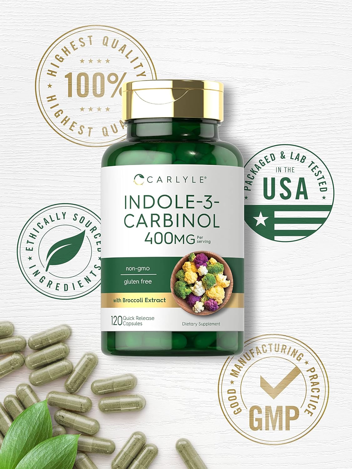 Carlyle Indole-3-Carbinol (I3C) 400mg | 120 Capsules | Advanced Formula with Broccoli Extract | Non-GMO, Gluten Free : Health & Household