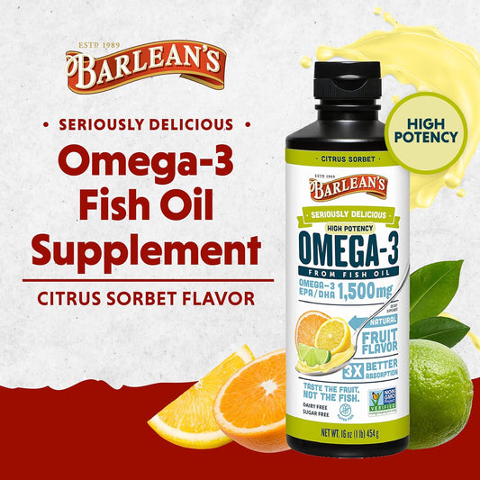 Barlean's Citrus Sorbet High Potency Omega 3 Fish Oil Liquid Supplemen