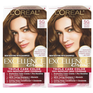 L'Oreal Paris Excellence Creme Permanent Hair Color, 5G Medium Golden Brown, 100 Percent Gray Coverage Hair Dye, Pack Of 2