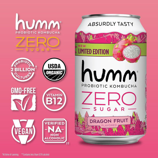 Humm Probiotic Kombucha Zero Sugar Dragon Fruit, No Refrigeration Needed, Keto Friendly, Organic, Vegan, Gluten Free, 12Oz Cans (8 Pack)