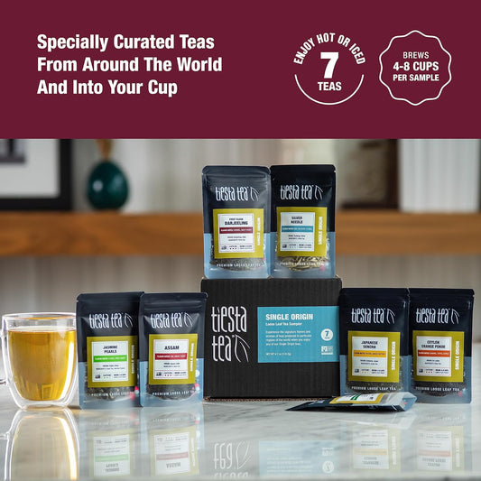 Tiesta Tea Single Origin Tea Sampler Set, Up To 56 Cups, Low To High Caffeine, Hot & Iced Tea, Loose Leaf Tea Variety Pack With Green, White, Black & Oolong Tea, 7 Sample Pouches