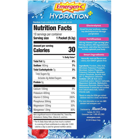 Emergen-C Hydration Plus Sports Electrolyte Replacement Sports Drink Mix Powder with Vitamin C, Raspberry Splash Flavor - 18 - 0.33 oz On The Go Packets