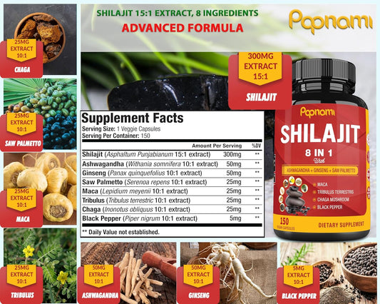 Shilajit Himalayan Supplement For Men & Women - 150 Capsules Combined Ashwagandha, Ginseng, Saw Palmetto, Maca, Tribulus, Chaga & Black Pepper - Vitality Energy And Immune Supports