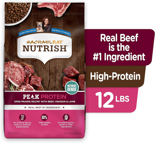 Rachael Ray Nutrish Peak Natural Dry Dog Food With Added Vitamins, Minerals & Taurine, Open Prairie Recipe With Beef, Venison & Lamb, 12 Pounds, Grain Free (Packaging May Vary)