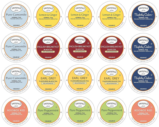 Twinings 20 Count Herbal & Decaffeinated Sampler Assorted Keurig 2.0 K-Cups with By The Cup Honey Sticks