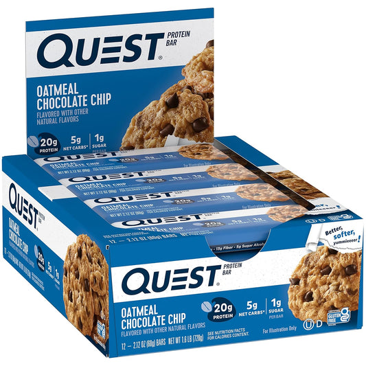 Quest Nutrition Oatmeal Chocolate Chip Protein Bars, 20G Protein, 1G Sugar, 5G Net Carb, Gluten Free, Keto Friendly, 12 Count