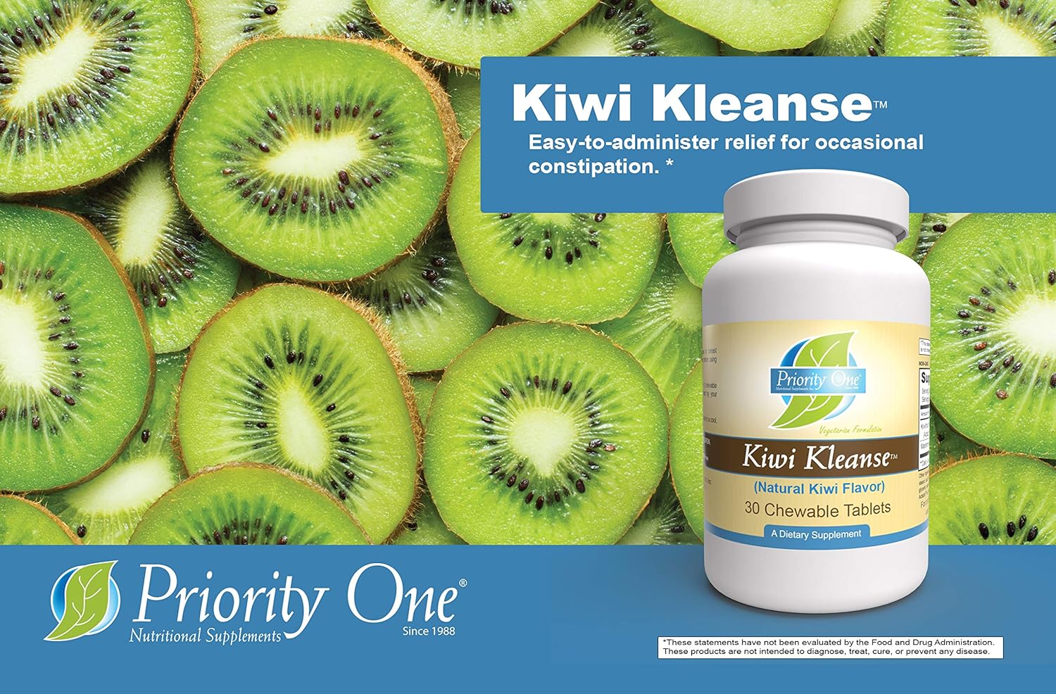 Priority One Vitamins Kiwi Kleanse 30 Chewable Tablets - Easy to Administer Relief for Occasional Constipation.* Clinical Strength