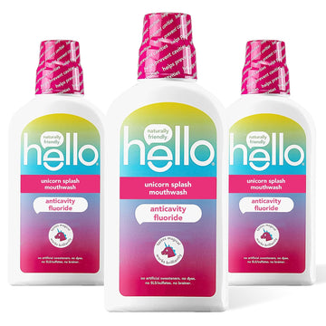 Hello Kids Mouthwash with Unicorn Bubble Gum Flavor, Alcohol Free Mouthwash for Kids with Fluoride, Safe for Ages 6 and Up, Anticavity, Vegan, No Alcohol, No Dyes, 16 Oz Bottles (Pack of 3)