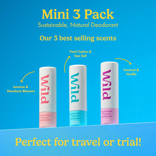 Wild - Pack Of 3 Mini Deodorants - Natural Ingredients & Aluminium Free - Long Lasting Protection - Great For Holiday & Travel - Plastic Free - Vegan & Eco-Friendly - Trial Size