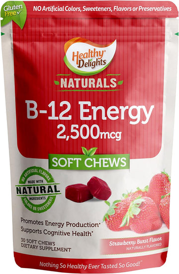 Healthy Delights Naturals, B-12 Energy Soft Chews, Promotes Energy Production, Supports Cognitive Health, Delicious Strawberry Burst Flavor, 30 Count