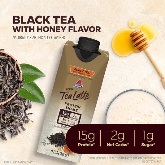 Atkins Iced Tea Latte Protein Shake, Black Tea with Honey, 15g Protein, 3g Fiber, 1g Sugar, Made with Real Tea, 12 Shakes