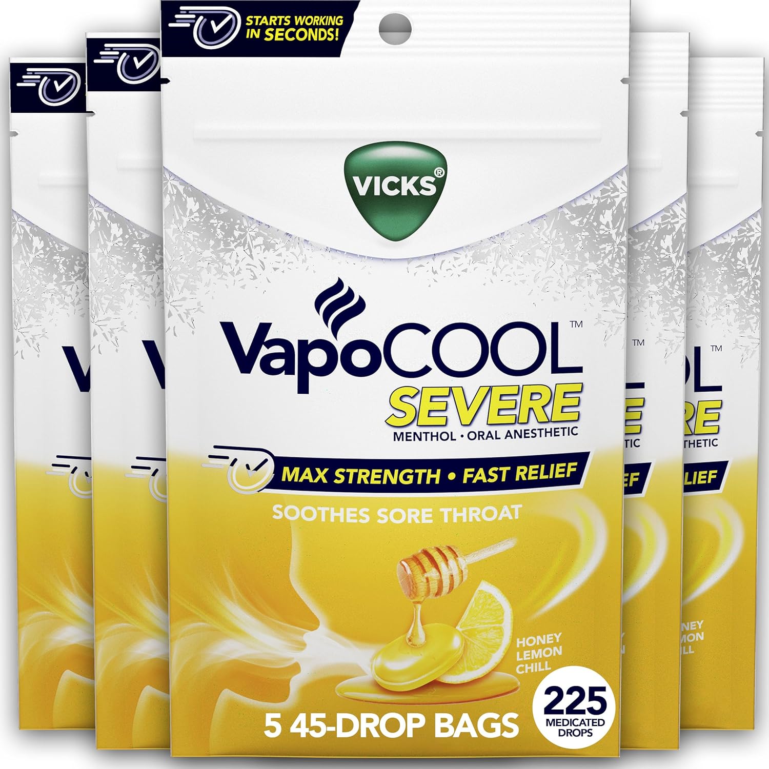 Vicks Vapocool Severe Medicated Sore Throat Drops, Fast-Acting Max Strength Relief, Soothes Sore Throat Caused By Cough, Powerful Vicks Vapors, Menthol, Honey Lemon Chill, 225 Total (5 Packs Of 45)